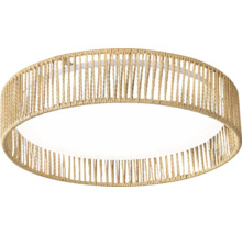 Plafonieră rotundă cu abajur din împletitură de frânghie naturală în formă de tambur.