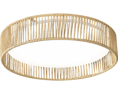 Plafonieră rotundă cu abajur din împletitură de frânghie naturală în formă de tambur.