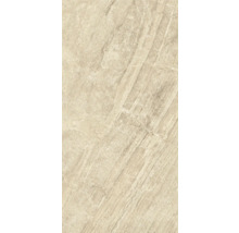 Gresie porțelanată bej cu aspect de piatră naturală și nervuri diagonale.