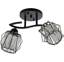 Plafonieră cu două brațe din metal negru cu abajururi din sticlă clară.