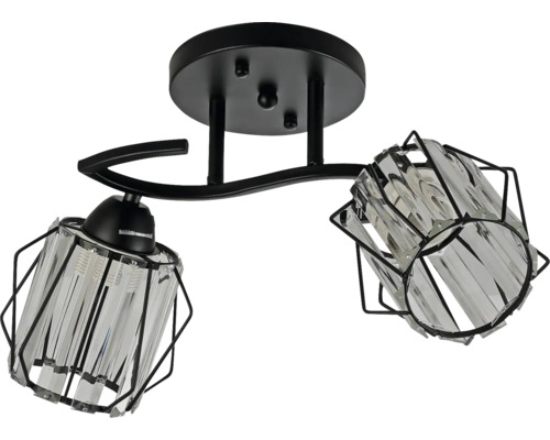 Plafonieră cu două brațe din metal negru cu abajururi din sticlă clară.