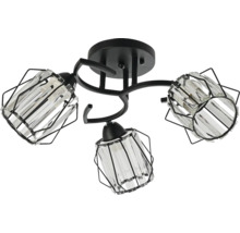 Plafonieră cu trei brațe din metal negru cu abajururi din prisme de sticlă și cadru metalic.