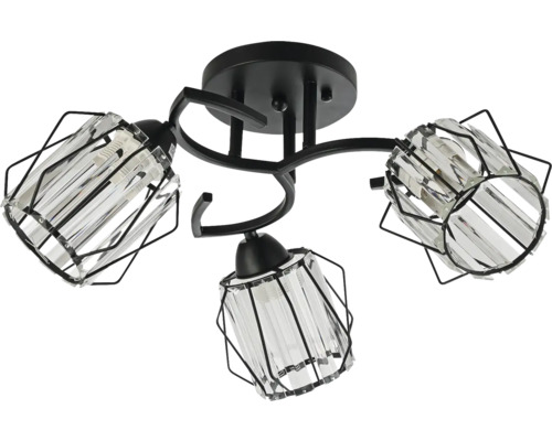 Plafonieră cu trei brațe din metal negru cu abajururi din prisme de sticlă și cadru metalic.