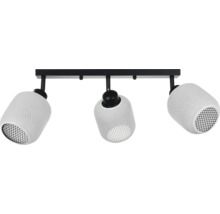 Spot de tavan cu trei surse de lumină, suport negru și abajururi albe structurate cu grilaj negru.