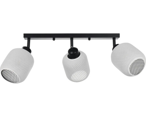 Spot de tavan cu trei surse de lumină, suport negru și abajururi albe structurate cu grilaj negru.