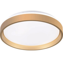 Plafonieră LED rotundă cu inel metalic auriu și difuzor alb.