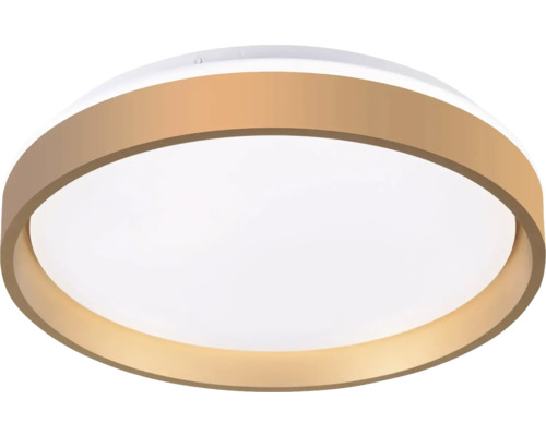 Plafonieră LED rotundă cu inel metalic auriu și difuzor alb.