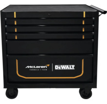 Cărucior de atelier DeWalt cu șase sertare, McLaren Formula 1 Team Logo, negru, mobil pe role.