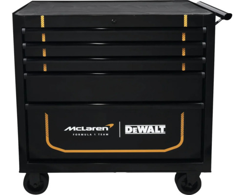 Cărucior de atelier DeWalt cu șase sertare, McLaren Formula 1 Team Logo, negru, mobil pe role.