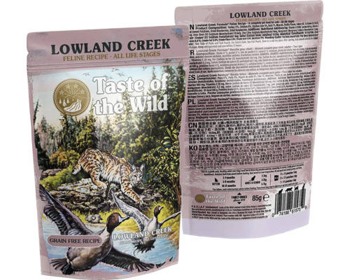 Taste of the Wild Lowland Creek hrană umedă pentru pisici de toate vârstele, fără cereale, plic de 85 grame.