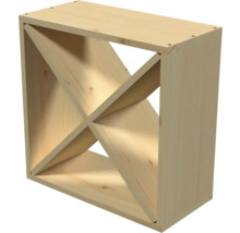 Element de raft pentru vin din lemn deschis cu inserție în formă de X pentru depozitarea sticlelor în patru compartimente.