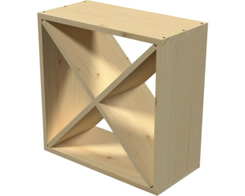 Element de raft pentru vin din lemn deschis cu inserție în formă de X pentru depozitarea sticlelor în patru compartimente.