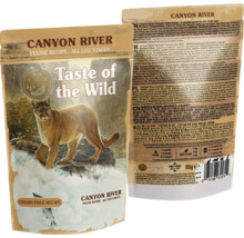 Hrană pentru pisici fără cereale Taste of the Wild Canyon River Feline Recipe, două plicuri de 85 grame cu fața și spatele ambalajului.