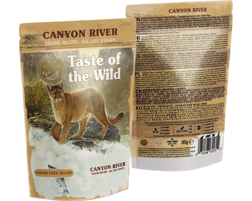 Hrană pentru pisici fără cereale Taste of the Wild Canyon River Feline Recipe, două plicuri de 85 grame cu fața și spatele ambalajului.