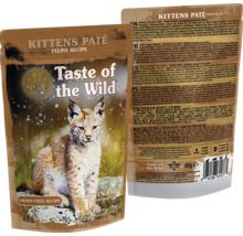 Hrană umedă pentru pisoi Taste of the Wild Kittens Paté Feline Recipe, fără cereale, plic de 85 grame, vedere față și spate.