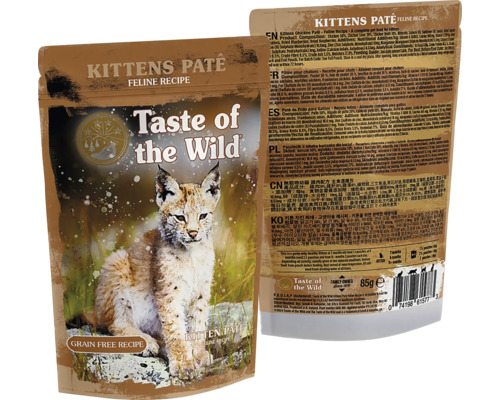 Hrană umedă pentru pisoi Taste of the Wild Kittens Paté Feline Recipe, fără cereale, plic de 85 grame, vedere față și spate.