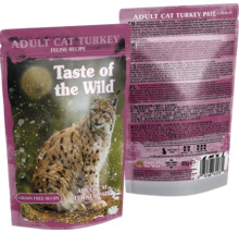 Taste of the Wild Adult Cat Turkey Paté, hrană fără cereale pentru pisici adulte în pliculeț de 85 grame cu imaginea unui râs.