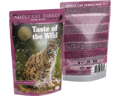 Taste of the Wild Adult Cat Turkey Paté, hrană fără cereale pentru pisici adulte în pliculeț de 85 grame cu imaginea unui râs.