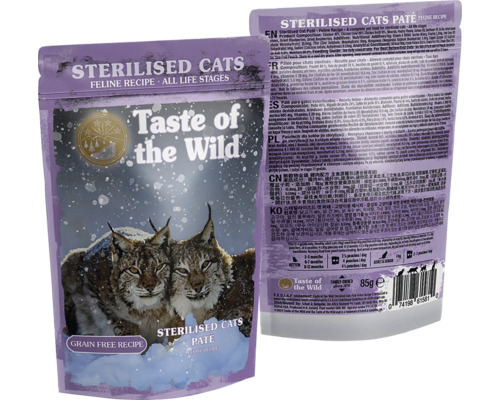 Hrană pentru pisici sterilizate Taste of the Wild pastă, rețetă fără cereale, plic de 85 grame.