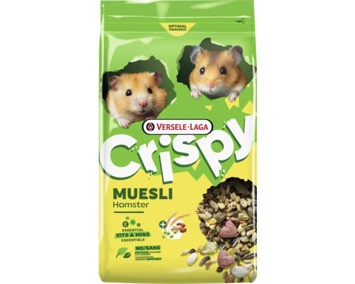 Versele-Laga Crispy Muesli hrană pentru hamsteri cu vitamine și minerale, fără coloranți artificiali, ambalaj cu doi hamsteri și amestec de semințe.