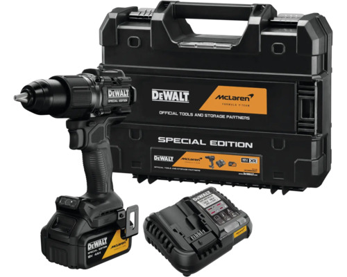 Mașină de găurit și înșurubat cu acumulator DeWALT McLaren Special Edition 18 Volt set cu acumulator, încărcător și cutie de transport neagră.