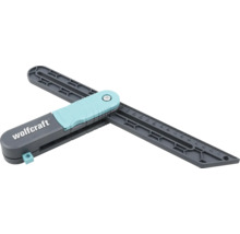 Echer reglabil wolfcraft din plastic gri și turcoaz cu scală integrată pentru măsurarea și transferarea unghiurilor.