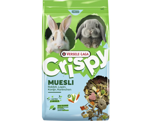 Versele-Laga Crispy Muesli hrană pentru iepuri cu fibre suplimentare, legume și pelete, fără coloranți sau arome artificiale.