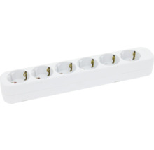 Prelungitor cu 6 prize din plastic alb cu contact de protecție.