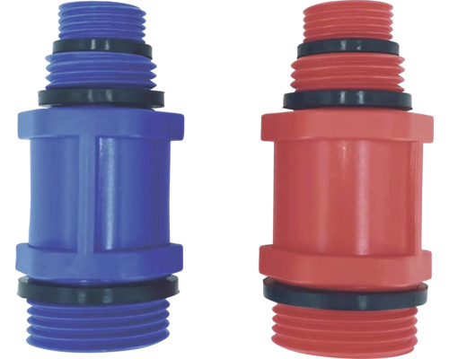 Două piese de racordare din plastic pentru distribuitoare, albastru și roșu, cu filet exterior și garnituri de cauciuc.