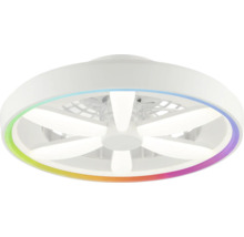 Ventilator de tavan rotund cu iluminare LED și inel RGB colorat în alb.