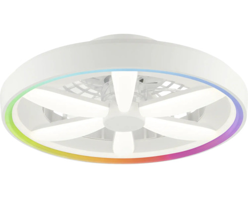 Ventilator de tavan rotund cu iluminare LED și inel RGB colorat în alb.