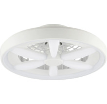Ventilator de tavan alb rotund cu inel luminos LED integrat și mai multe palete albe.