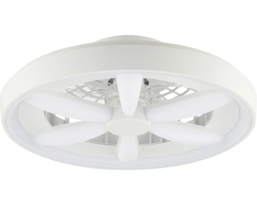 Ventilator de tavan alb rotund cu inel luminos LED integrat și mai multe palete albe.