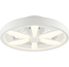 Plafonieră albă cu ventilator integrat, formă rotundă cu șase segmente luminoase LED dispuse în formă de stea.