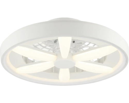 Plafonieră albă cu ventilator integrat, formă rotundă cu șase segmente luminoase LED dispuse în formă de stea.