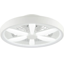 Ventilator de tavan modern cu iluminat LED, design rotund alb cu șase elemente luminoase dispuse în formă de stea.