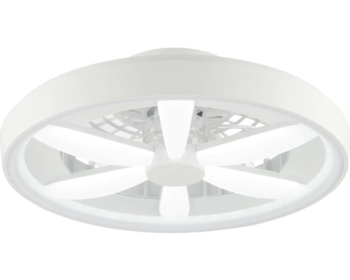 Ventilator de tavan modern cu iluminat LED, design rotund alb cu șase elemente luminoase dispuse în formă de stea.