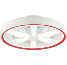 Ventilator de tavan modern cu lumină LED integrată, carcasă circulară și inel de accent roșu.