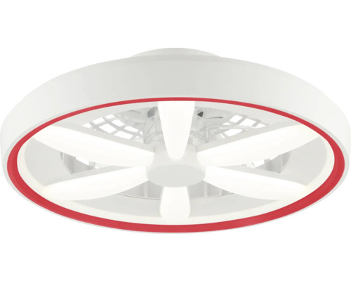 Ventilator de tavan modern cu lumină LED integrată, carcasă circulară și inel de accent roșu.
