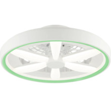 Ventilator de tavan modern, rotund, cu iluminare LED integrată și inel de accent verde.