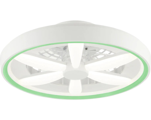Ventilator de tavan modern, rotund, cu iluminare LED integrată și inel de accent verde.