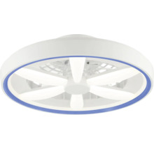 Ventilator de tavan cu iluminare LED, design rotund cu palete albe și inel albastru.