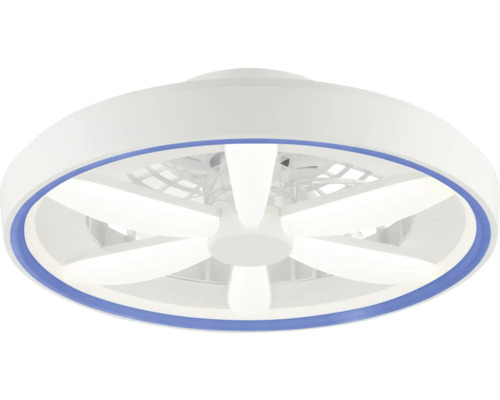Ventilator de tavan cu iluminare LED, design rotund cu palete albe și inel albastru.