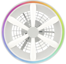 Ventilator de tavan modern cu iluminare LED, elemente luminoase în formă de stea și inel luminos colorat exterior.