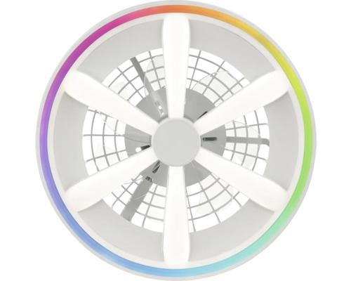 Ventilator de tavan modern cu iluminare LED, elemente luminoase în formă de stea și inel luminos colorat exterior.