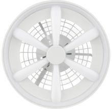 Ventilator de tavan modern de culoare albă cu iluminare LED integrată în formă de stea și grilă de protecție.