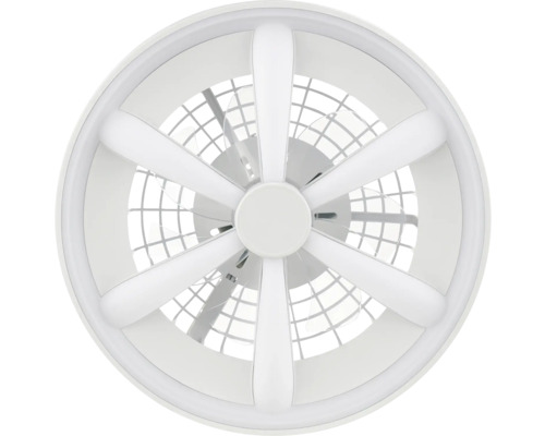 Ventilator de tavan modern de culoare albă cu iluminare LED integrată în formă de stea și grilă de protecție.