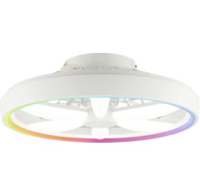 Ventilator de tavan alb cu iluminare LED integrată și inel luminos cu efect de culoare.
