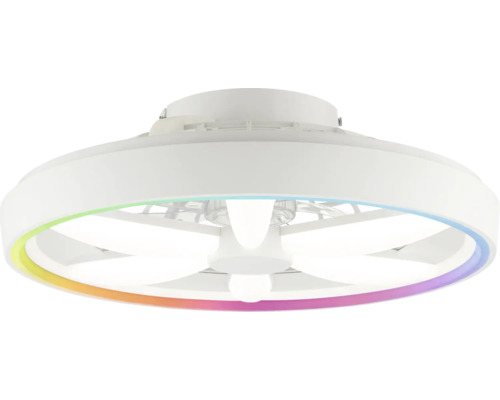 Ventilator de tavan alb cu iluminare LED integrată și inel luminos cu efect de culoare.