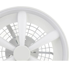 Ventilator de tavan rotund modern cu iluminare LED integrată și grilaj de protecție.